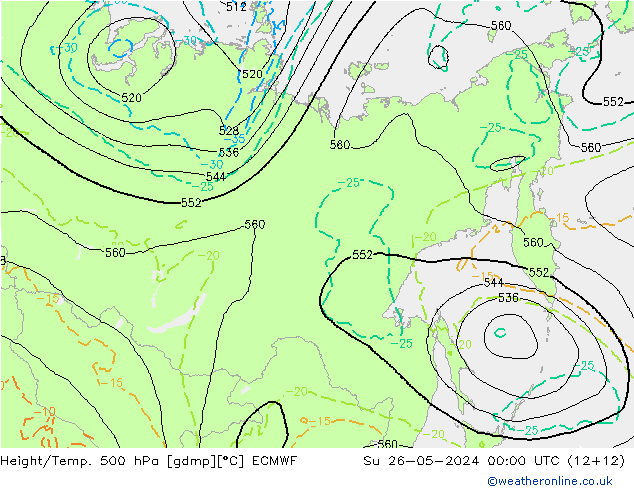 Z500/Rain (+SLP)/Z850 ECMWF dim 26.05.2024 00 UTC