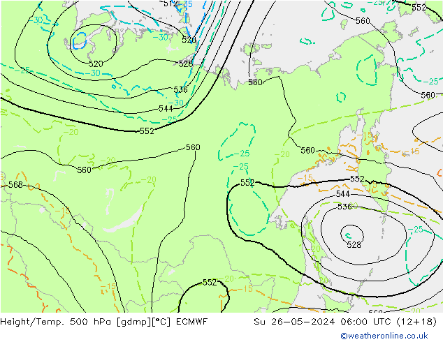 Z500/Rain (+SLP)/Z850 ECMWF Su 26.05.2024 06 UTC