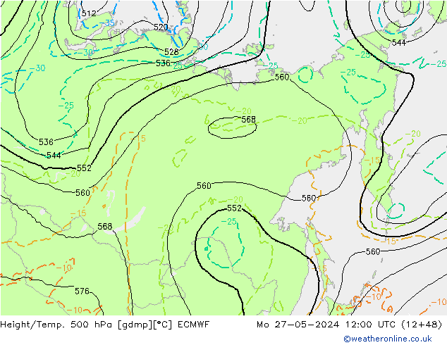 Z500/Rain (+SLP)/Z850 ECMWF Mo 27.05.2024 12 UTC