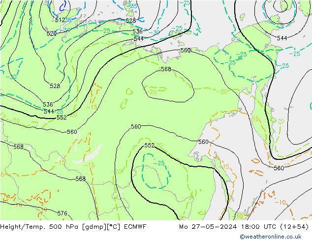 Z500/Rain (+SLP)/Z850 ECMWF Mo 27.05.2024 18 UTC