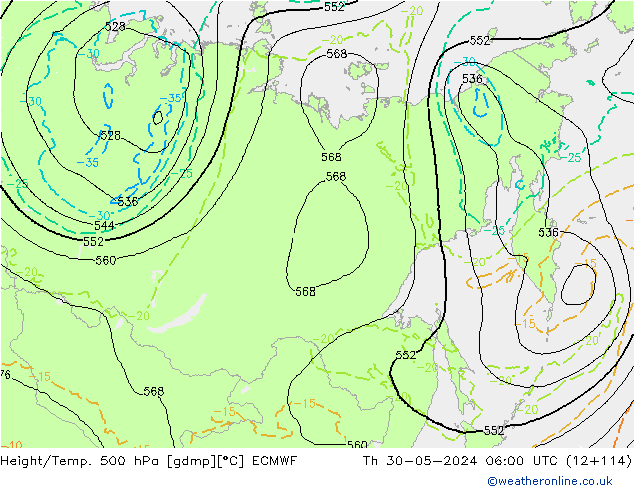 Z500/Rain (+SLP)/Z850 ECMWF чт 30.05.2024 06 UTC