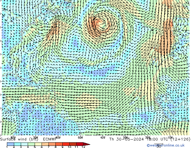 wiatr 10 m (bft) ECMWF czw. 30.05.2024 18 UTC