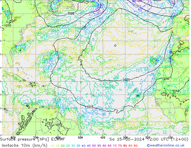 Isotachs (kph) ECMWF Sa 25.05.2024 12 UTC