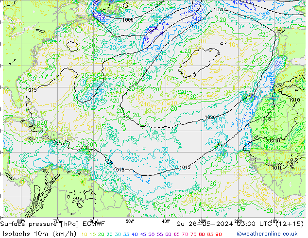 Izotacha (km/godz) ECMWF nie. 26.05.2024 03 UTC