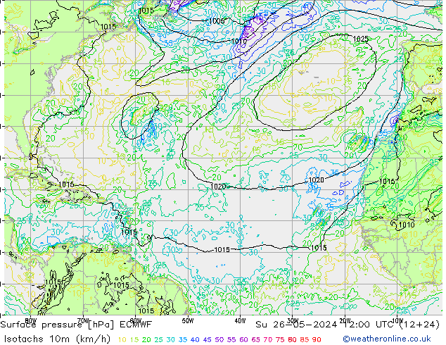 Izotacha (km/godz) ECMWF nie. 26.05.2024 12 UTC