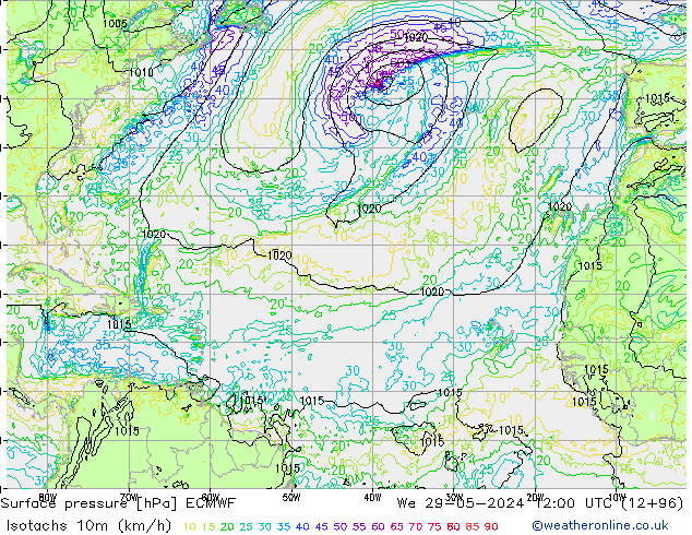 Isotachs (kph) ECMWF  29.05.2024 12 UTC