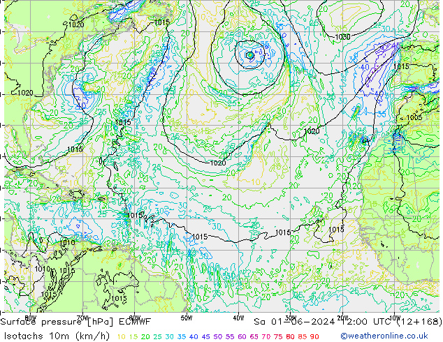 Isotachen (km/h) ECMWF za 01.06.2024 12 UTC