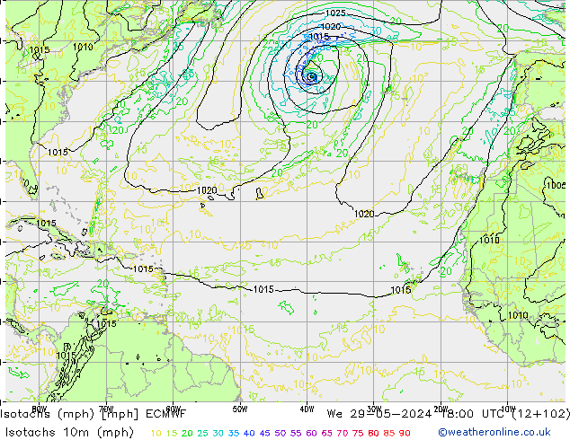 Isotachs (mph) ECMWF We 29.05.2024 18 UTC