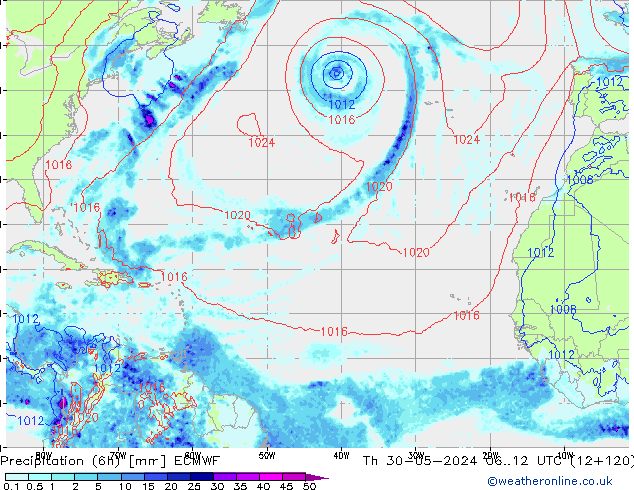 Z500/Rain (+SLP)/Z850 ECMWF Th 30.05.2024 12 UTC