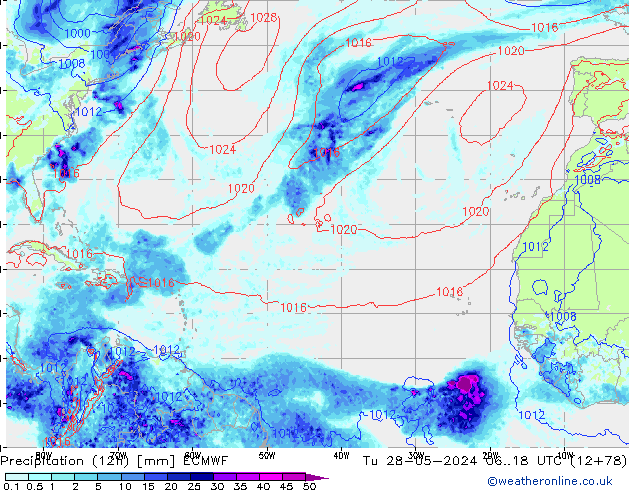 Totale neerslag (12h) ECMWF di 28.05.2024 18 UTC