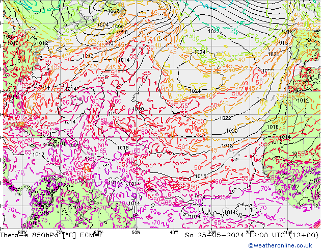 Theta-e 850hPa ECMWF Sa 25.05.2024 12 UTC