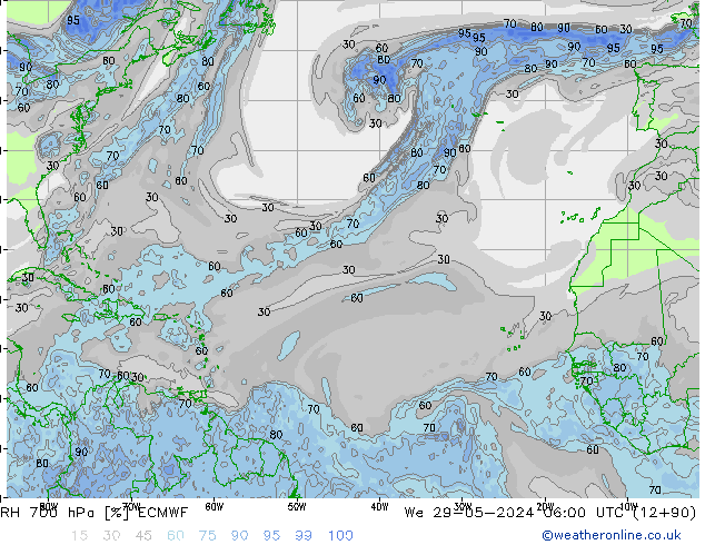 RH 700 hPa ECMWF śro. 29.05.2024 06 UTC