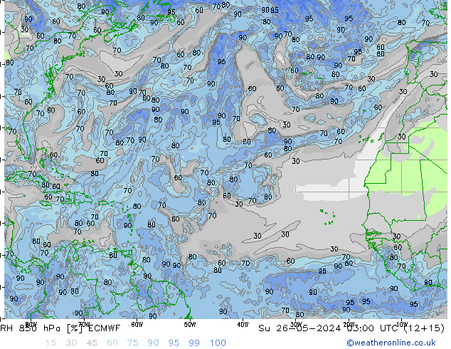 RH 850 hPa ECMWF nie. 26.05.2024 03 UTC