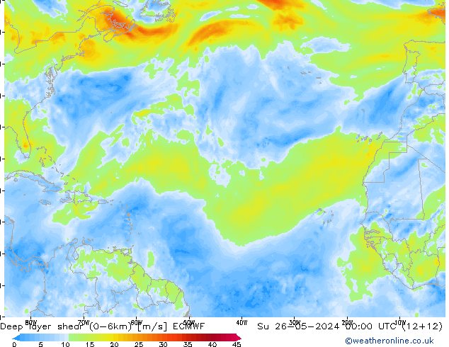 Deep layer shear (0-6km) ECMWF nie. 26.05.2024 00 UTC