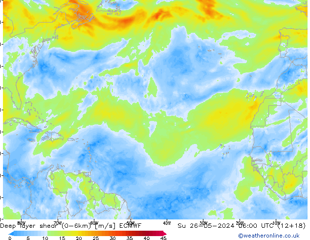 Deep layer shear (0-6km) ECMWF  26.05.2024 06 UTC