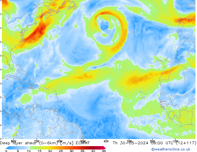 Deep layer shear (0-6km) ECMWF jeu 30.05.2024 09 UTC