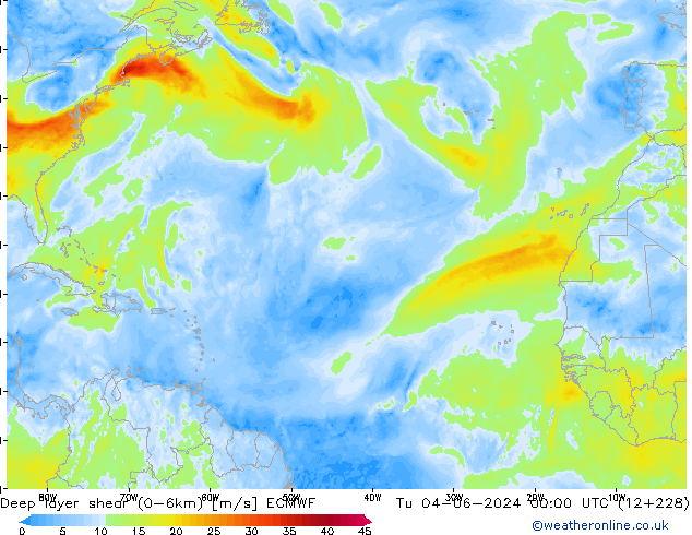 Deep layer shear (0-6km) ECMWF Ter 04.06.2024 00 UTC