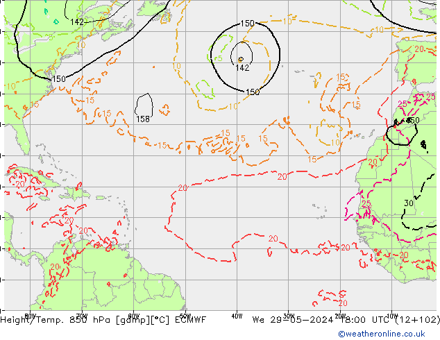 Z500/Yağmur (+YB)/Z850 ECMWF Çar 29.05.2024 18 UTC