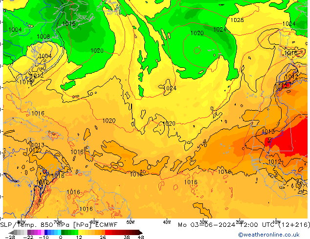 SLP/Temp. 850 hPa ECMWF Mo 03.06.2024 12 UTC