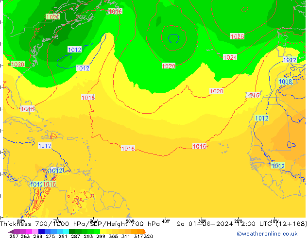 Thck 700-1000 гПа ECMWF сб 01.06.2024 12 UTC