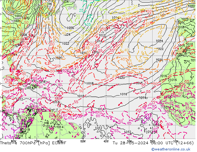 Theta-e 700hPa ECMWF mar 28.05.2024 06 UTC