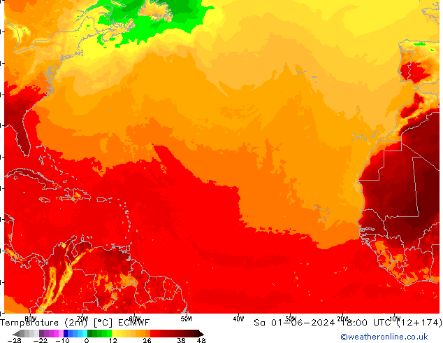 mapa temperatury (2m) ECMWF so. 01.06.2024 18 UTC