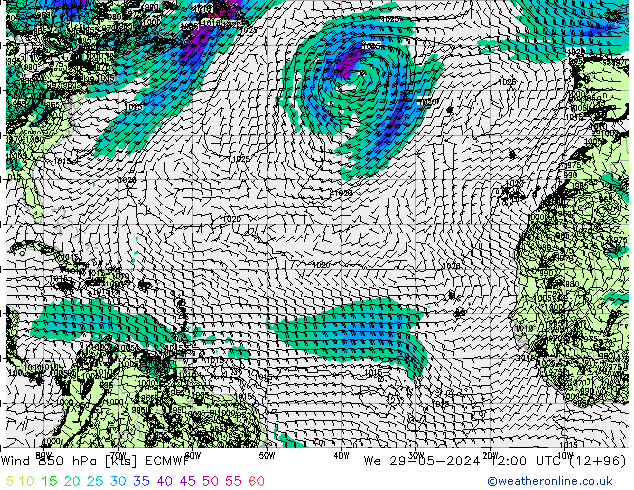 Vento 850 hPa ECMWF Qua 29.05.2024 12 UTC