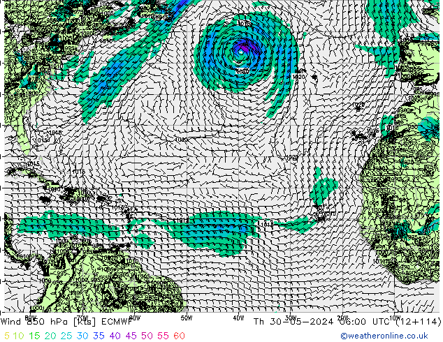 Viento 850 hPa ECMWF jue 30.05.2024 06 UTC