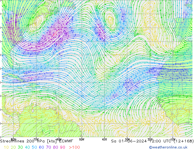 Stroomlijn 200 hPa ECMWF za 01.06.2024 12 UTC