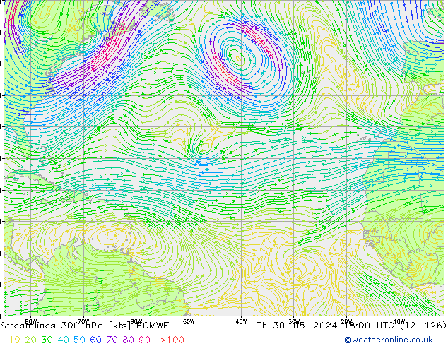 Ligne de courant 300 hPa ECMWF jeu 30.05.2024 18 UTC