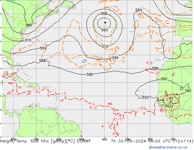 Z500/Rain (+SLP)/Z850 ECMWF jue 30.05.2024 06 UTC