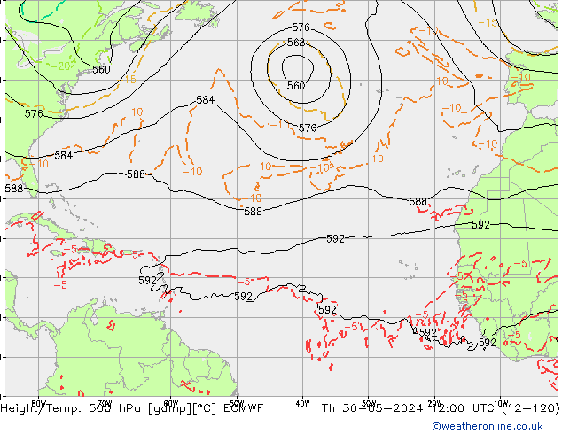 Z500/Rain (+SLP)/Z850 ECMWF Čt 30.05.2024 12 UTC