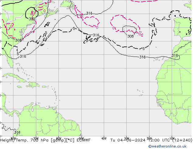 Height/Temp. 700 hPa ECMWF Út 04.06.2024 12 UTC