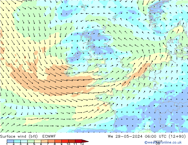 Surface wind (bft) ECMWF We 29.05.2024 06 UTC