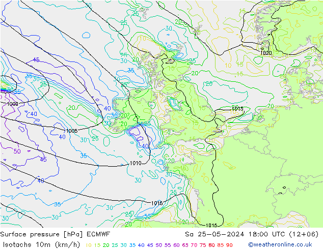 Isotachs (kph) ECMWF Sa 25.05.2024 18 UTC