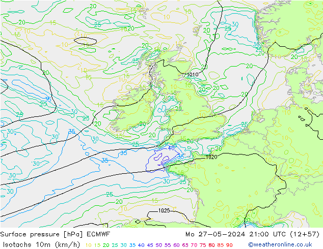 Isotachs (kph) ECMWF Mo 27.05.2024 21 UTC