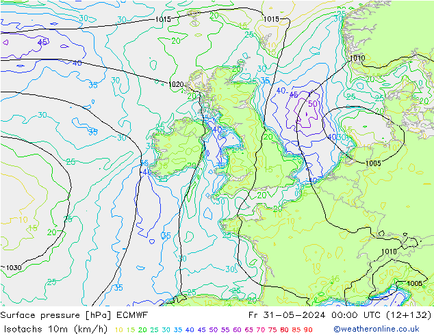 Isotachen (km/h) ECMWF vr 31.05.2024 00 UTC