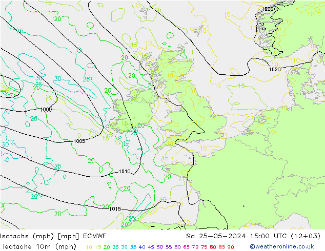 Isotachs (mph) ECMWF сб 25.05.2024 15 UTC