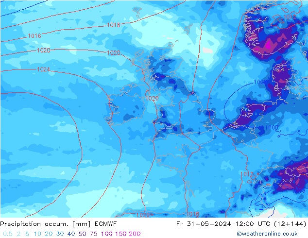 Precipitation accum. ECMWF Pá 31.05.2024 12 UTC