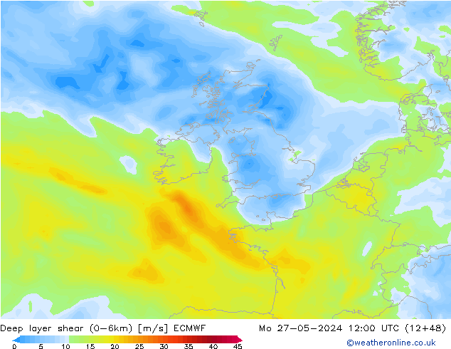 Deep layer shear (0-6km) ECMWF Po 27.05.2024 12 UTC