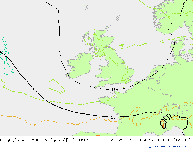 Height/Temp. 850 hPa ECMWF mer 29.05.2024 12 UTC