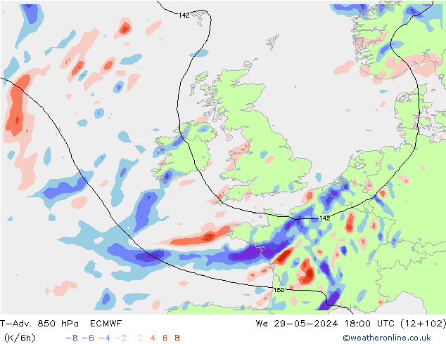 T-Adv. 850 hPa ECMWF mié 29.05.2024 18 UTC