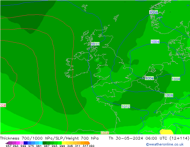 Dikte700-1000 hPa ECMWF do 30.05.2024 06 UTC