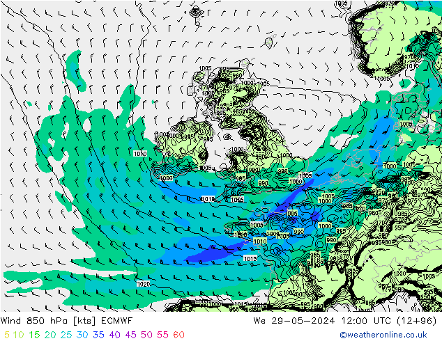 Wind 850 hPa ECMWF wo 29.05.2024 12 UTC