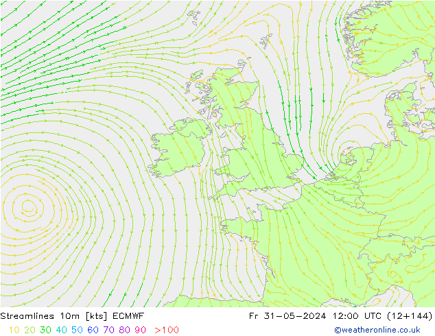 Streamlines 10m ECMWF Pá 31.05.2024 12 UTC