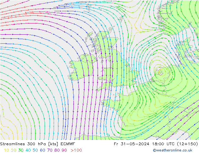 Streamlines 300 hPa ECMWF Pá 31.05.2024 18 UTC