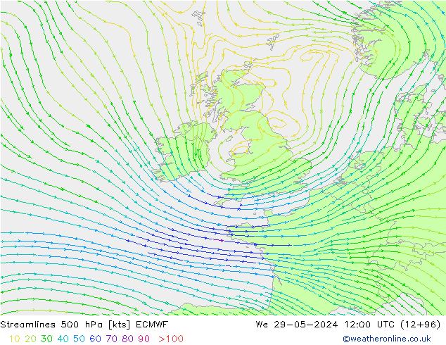 Linea di flusso 500 hPa ECMWF mer 29.05.2024 12 UTC