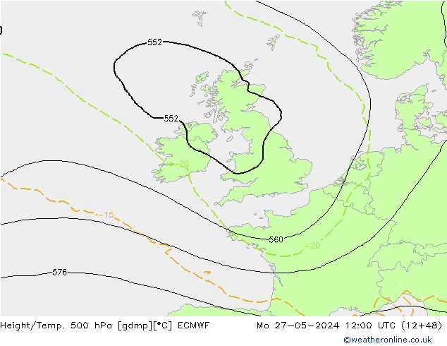 Z500/Rain (+SLP)/Z850 ECMWF Mo 27.05.2024 12 UTC