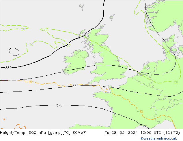 Z500/Rain (+SLP)/Z850 ECMWF Út 28.05.2024 12 UTC