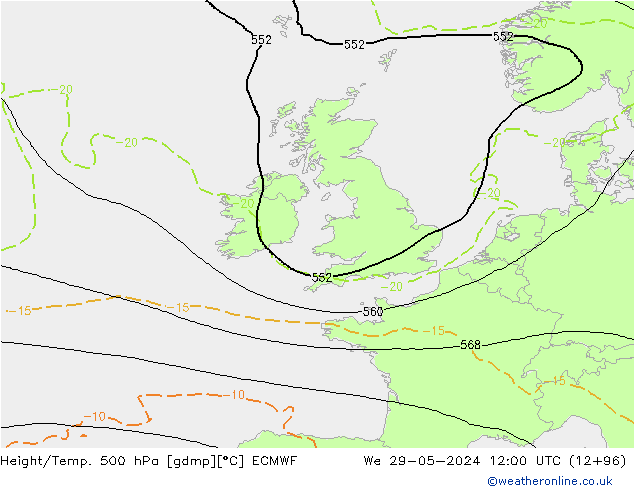 Z500/Rain (+SLP)/Z850 ECMWF mer 29.05.2024 12 UTC